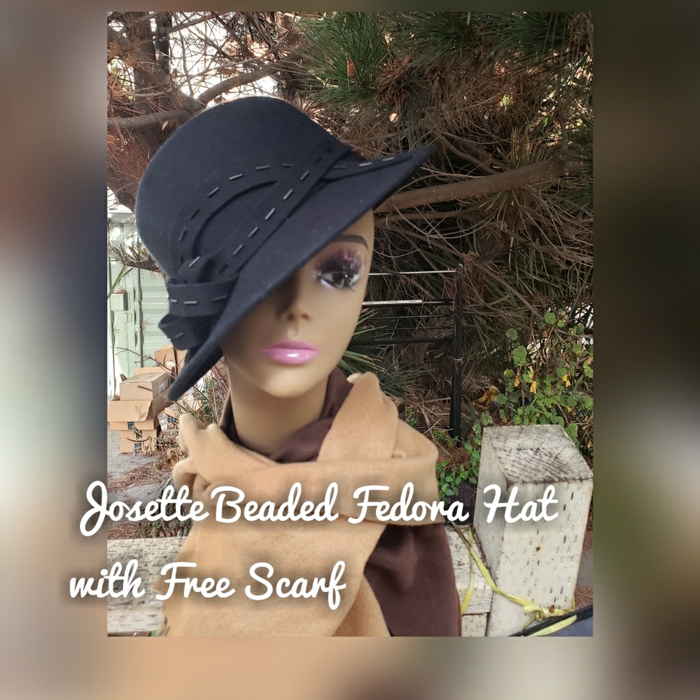 NWT Josette Hat+Scarf(Free)-Set Gorgeous Retro 'Beaded Fedora Church'